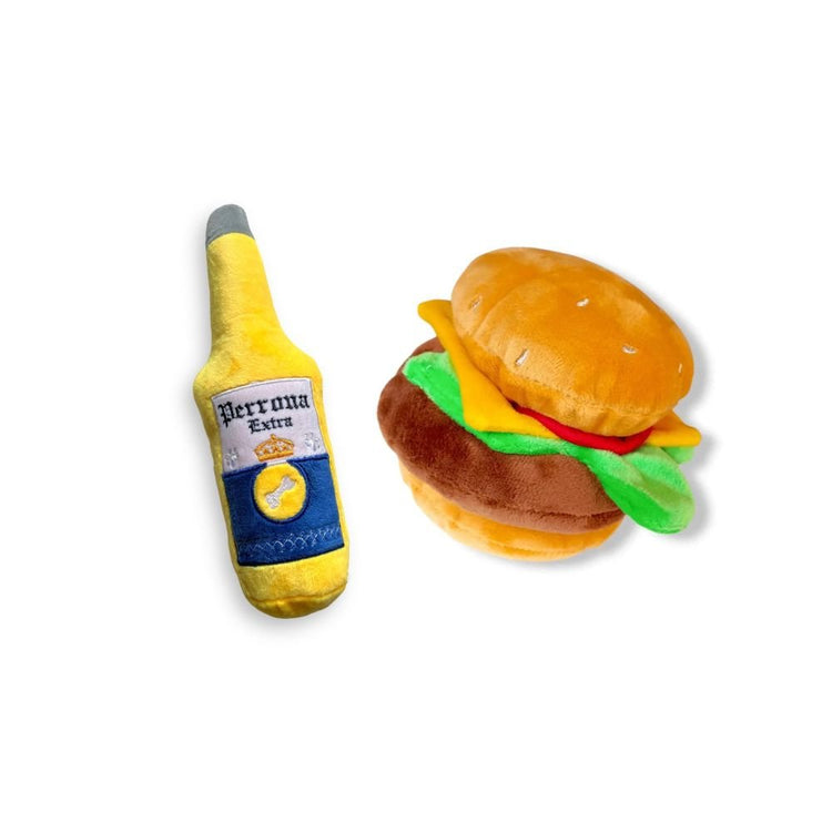 Combo Black Friday: Combo Perrona: Peluche Hamburguesa + Peluche Cerveza - PetsPlaza