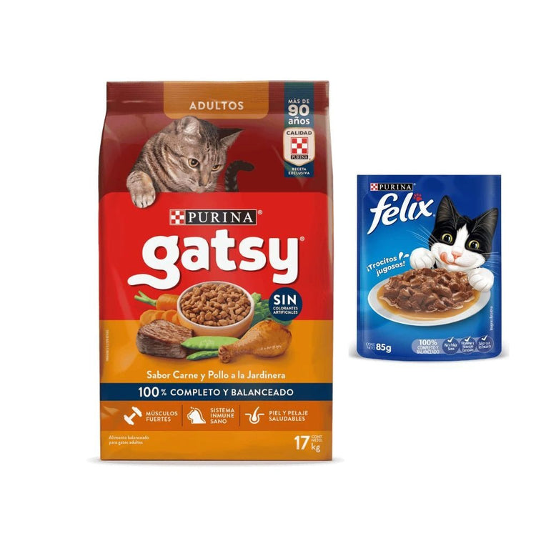 Combo Black Friday: Compra Gatsy Carne y Pollo Gatos Adultos 17 Kg y recibe 3 Sobres Felix - PetsPlaza