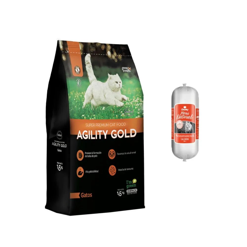 Combo Black Friday Agility Gold Gatos 1.5 Kg + Menú Natural Salchichón Gato - PetsPlaza