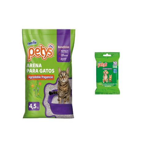Combo Arena para Gatos Petys 4.5 Kg + Pañitos Húmedos Petys 10 Und - PetsPlaza