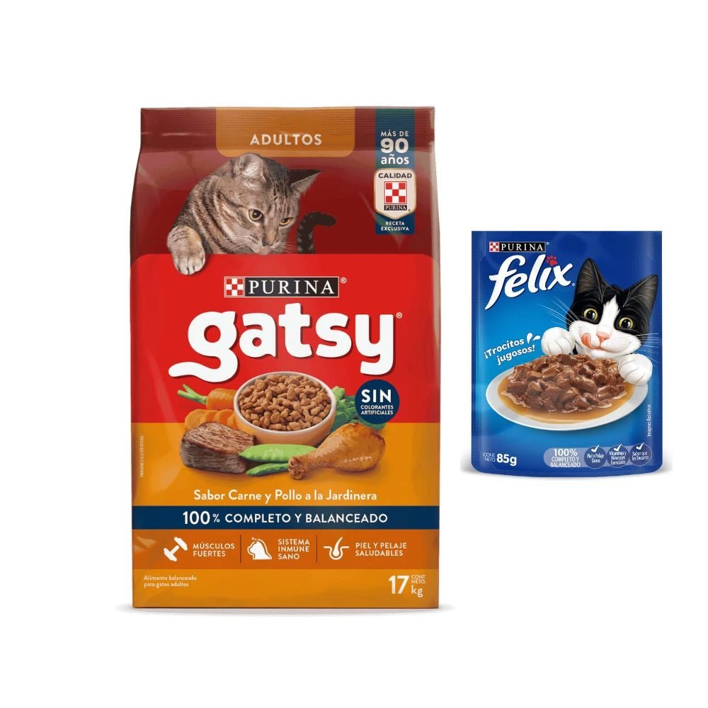 Combo Black Friday: Compra Gatsy Carne y Pollo Gatos Adultos 17 Kg y recibe 3 Sobres Felix - PetsPlaza